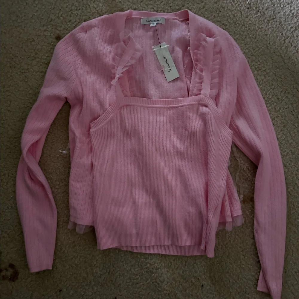 Pink Ribbed Knit Tank & Cardigan Set - Picture 2 of 5